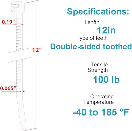 12 Inch Zip Ties Double Sided Toothed (100 Pack)