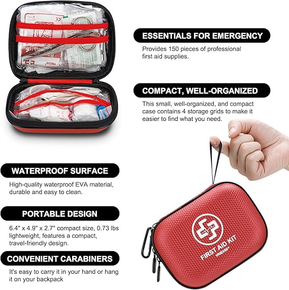 Mini First Aid Kit - 150 Piece Waterproof Hard Shell Medical Kit (Red)